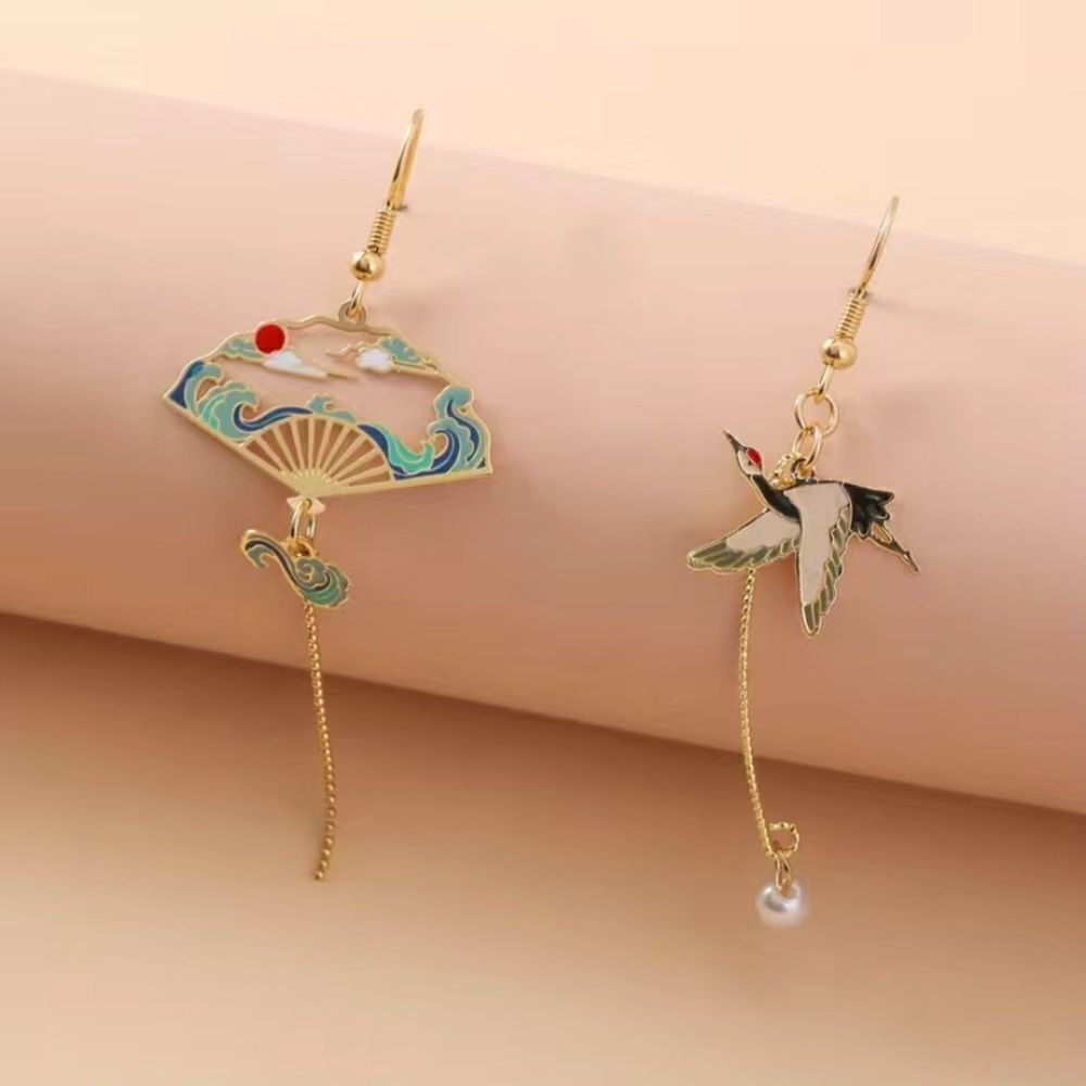 ✨Darling 18k Gold Plated Painting & Flying Cranes Birds Drop Earrings - ✨